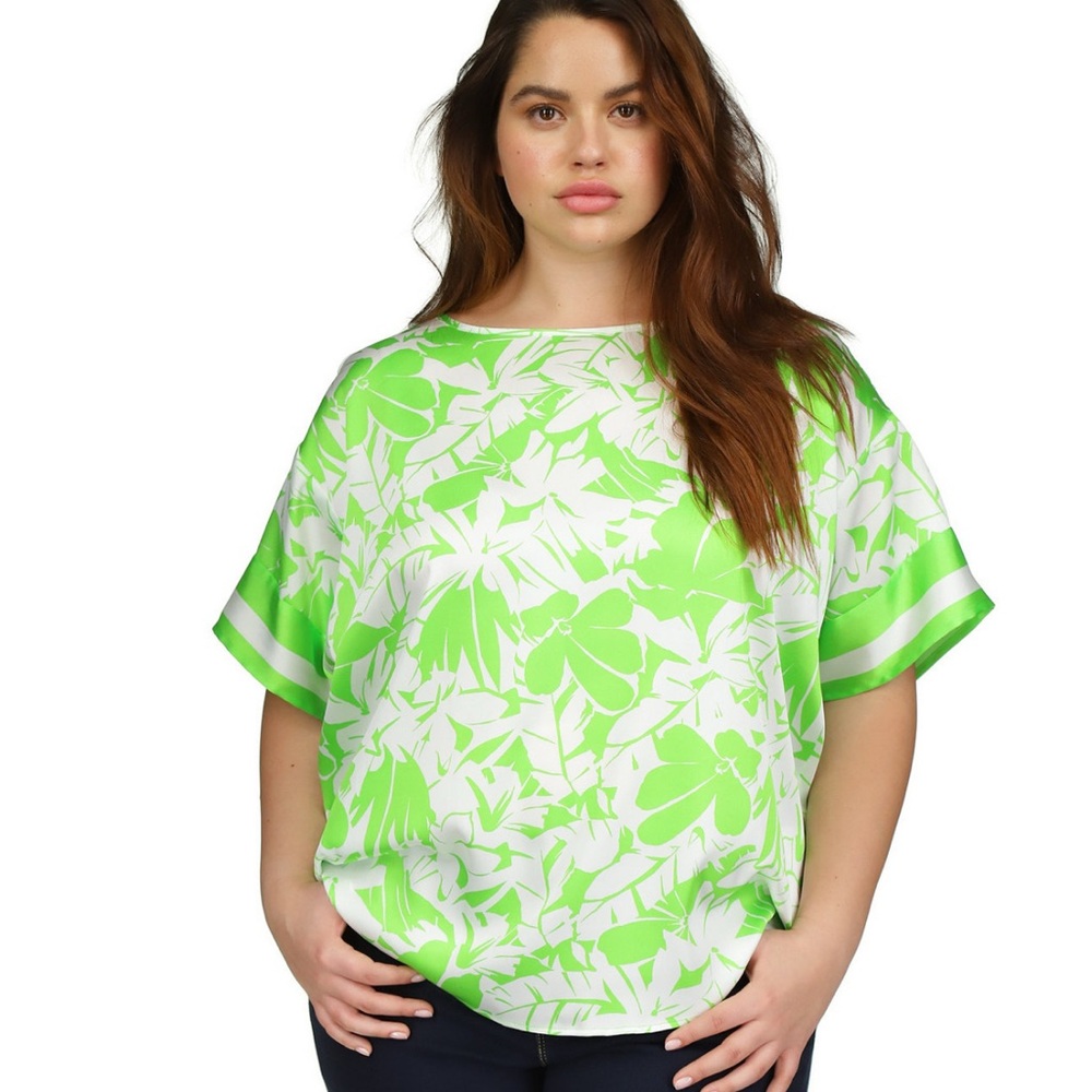 Michael Kors Loose Light Green and White Floral Leaf Short Sleeve Top Silky